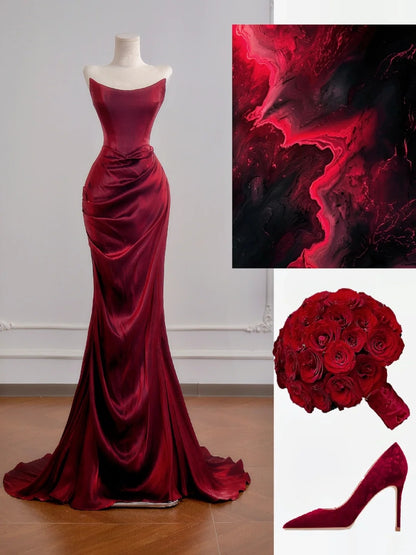 Romantisches, trägerloses, burgunderrotes Meerjungfrauen-Abendkleid mit Rüschen – ein beeindruckendes Outfit für den 18. Geburtstag (Partykleid N396)
