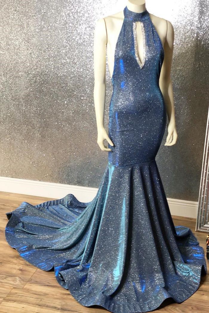 Magnifique robe de bal sirène longue bleu marine à col en V et fines bretelles AB1690