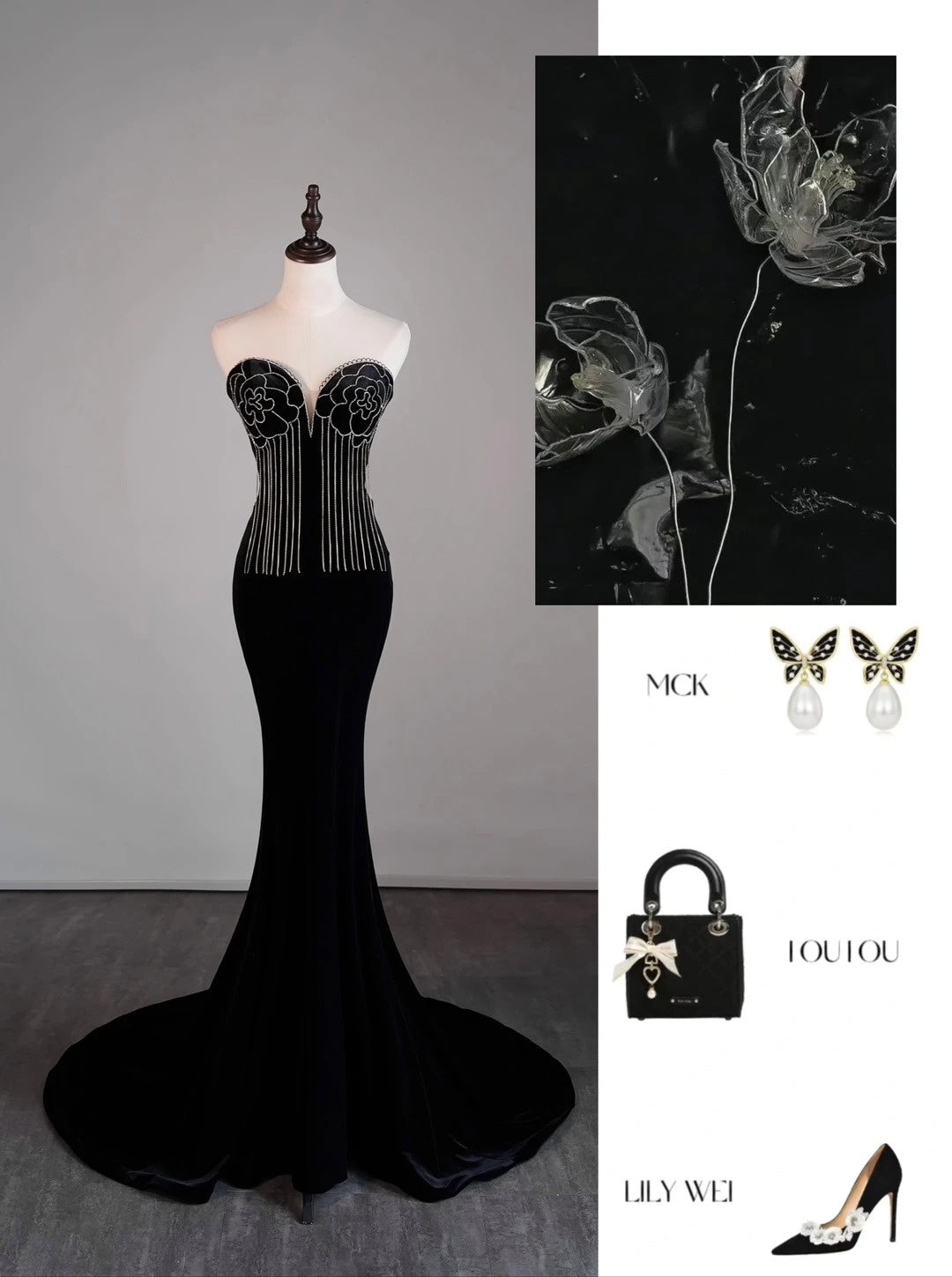Robe de soirée sirène modeste en velours noir à décolleté cœur pour adolescentes, idéale pour le bal de fin d'année (N1178)
