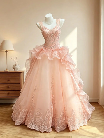 Bezauberndes Ballkleid, rosa Tüll, herzförmiger Ausschnitt, mit Applikationen, langes, ärmelloses Abendkleid RB3071