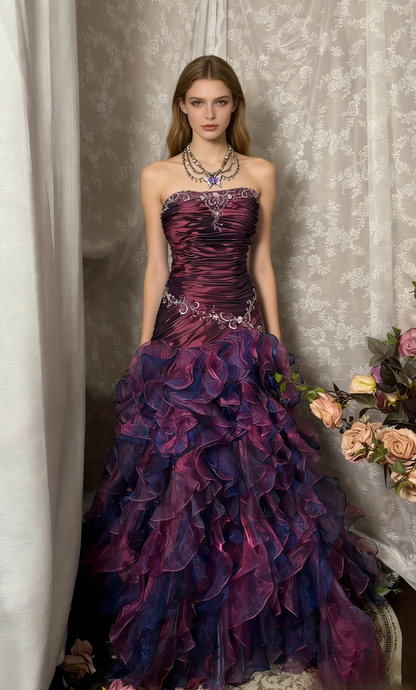 Vintage Ballkleid Meerjungfrau Trägerlos Dunkel Lila Gerafftes Langes 90er Abschlussballkleid Festliches Abendkleid A350