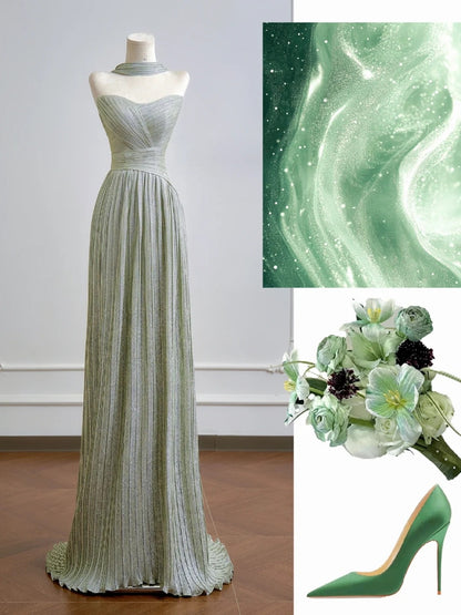 Romantisches, trägerloses, langes, salbeigrünes A-Linien-Abendkleid – ein echter Hingucker zum 18. Geburtstag – Partykleid N394