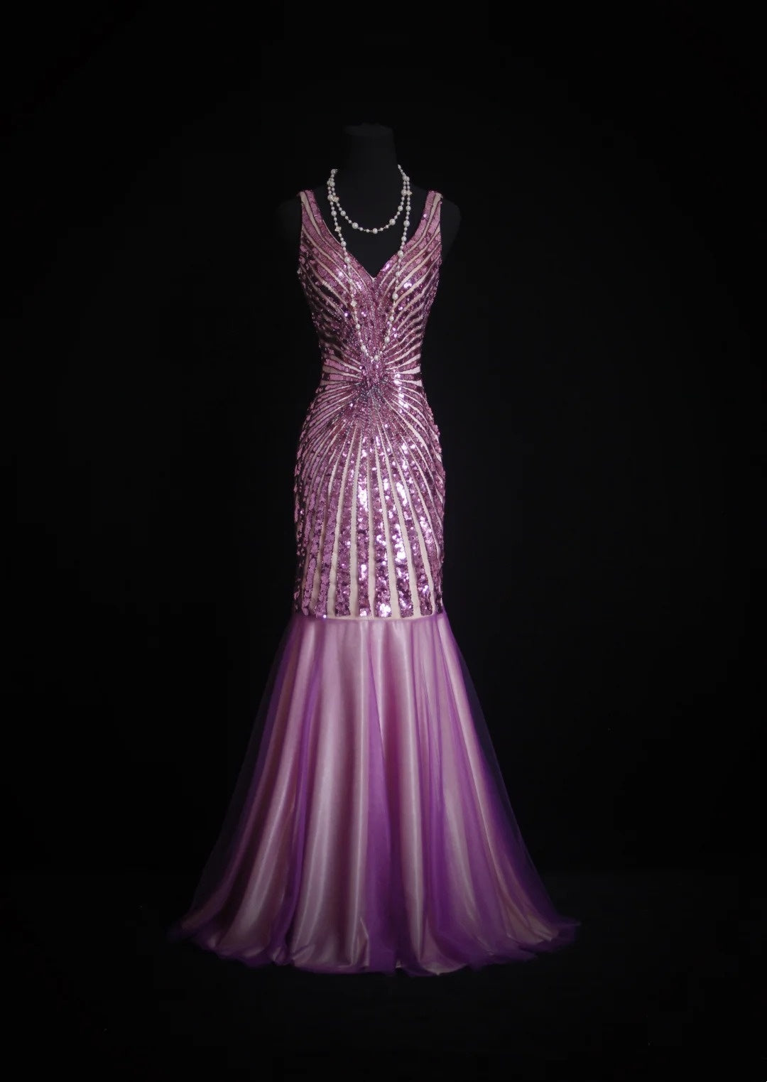 Vintage Prom Dresses Aesthetic 80er Retro Meerjungfrau V-Ausschnitt Flieder Pailletten Bodenlang Abendkleider N2330