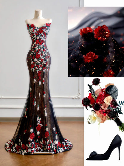 Robe de bal longue sirène en tulle noir avec décolleté cœur et appliques, idéale pour un 18e anniversaire (N344)