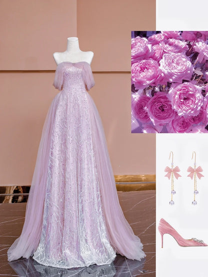 Robe de soirée longue à paillettes roses, coupe trapèze, épaules dénudées et manches courtes, modèle N723