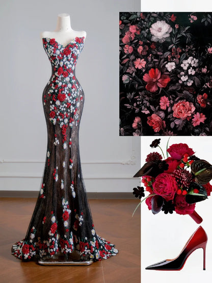 Robe de bal longue sirène en tulle noir avec décolleté cœur et appliques, idéale pour un 18e anniversaire (N344)