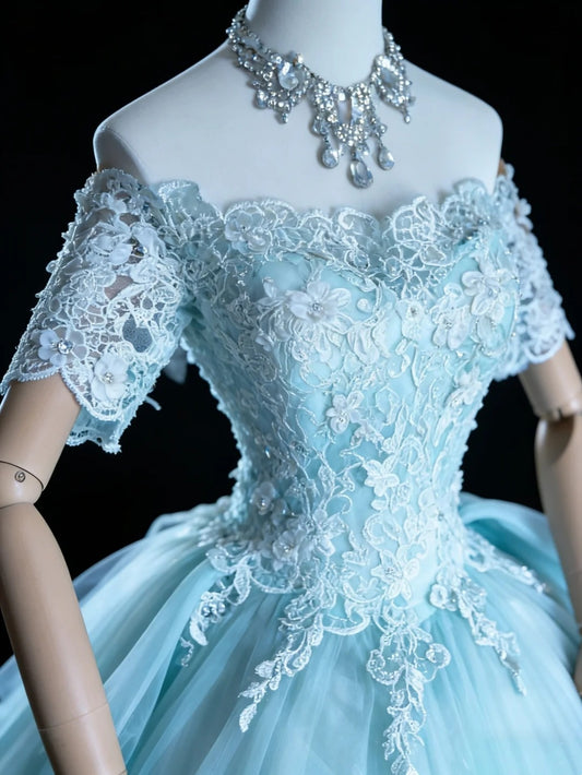 Modest Prom Dresses Ball Gown Off The Shoulder Light Blue Tulle With Sleeves Long Quince Dress N3050