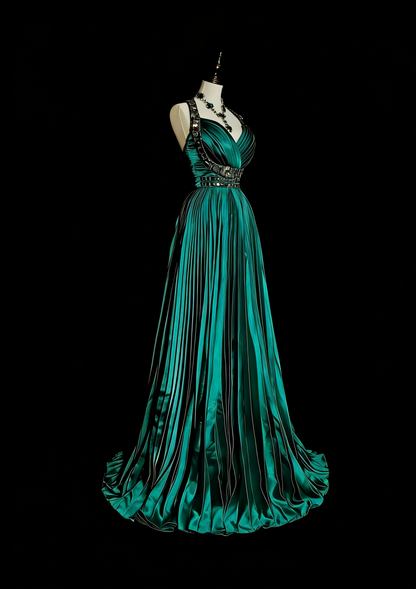 Vintage A-Linien-Neckholder-Abendkleid aus grünem Satin mit Rüschen und Perlenstickerei, ärmellos, 70er-Jahre-Stil, langes formelles Abendkleid N1479