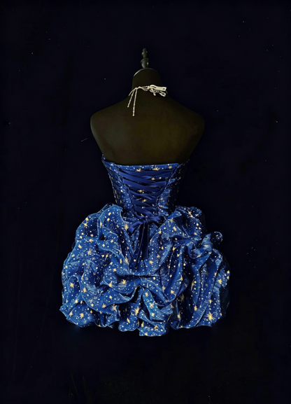 Glamouröses Ballkleid, Neckholder, Marineblau mit goldenen Sternen, Partykleid, Cocktailkleid, Abendkleid, N3813