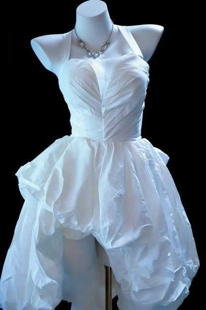 Jolie Robe de Bal Courte en Taffetas Blanc avec Col Halter pour Soirée Hoco Robe de Soirée Formelle N3042
