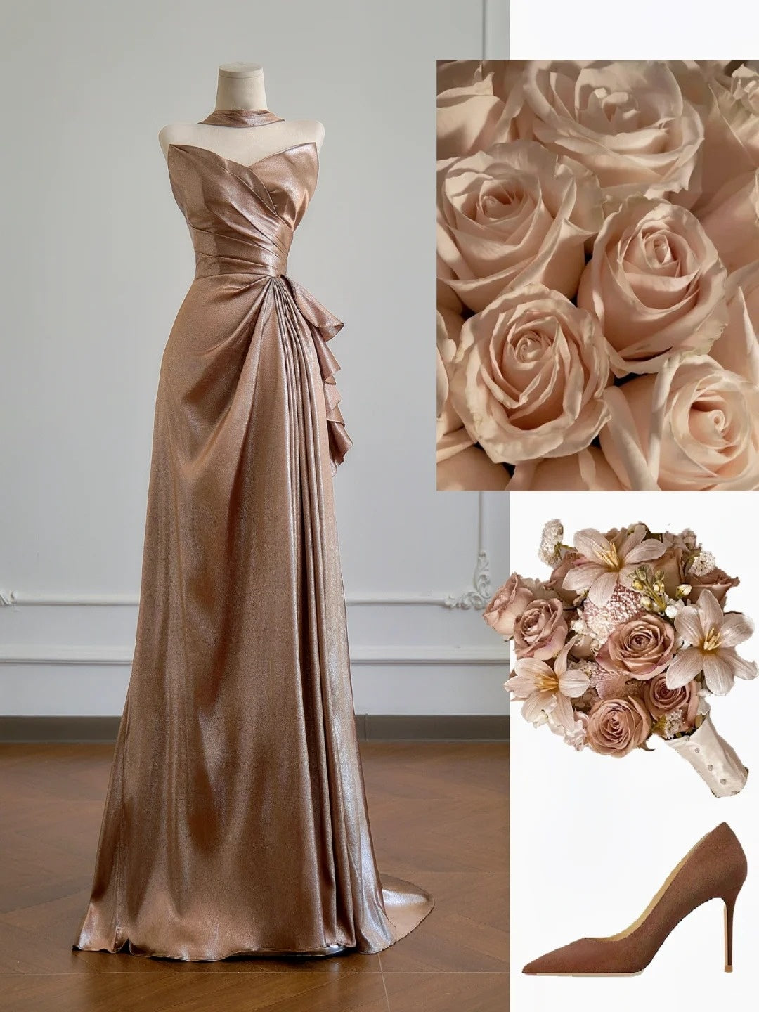 Robe de bal longue de soirée, coupe trapèze, décolleté cœur, couleur champagne avec fente, idéale pour les fêtes d'anniversaire (N375)