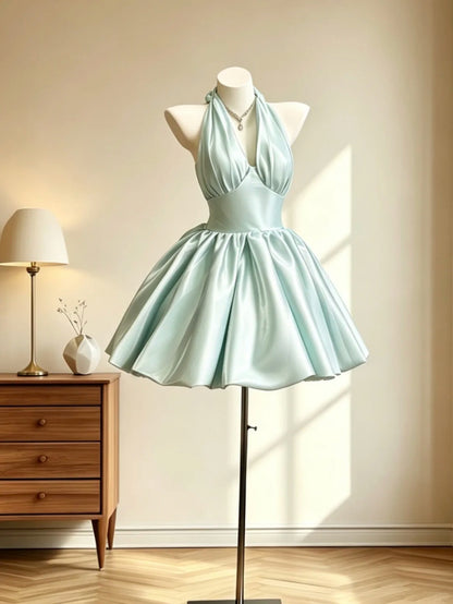 Robe de Soirée Chic Dos Nu Satin Vert Menthe Mini Inspo Senior Robe de Fête Courte Formelle Retour à la Maison RB3064