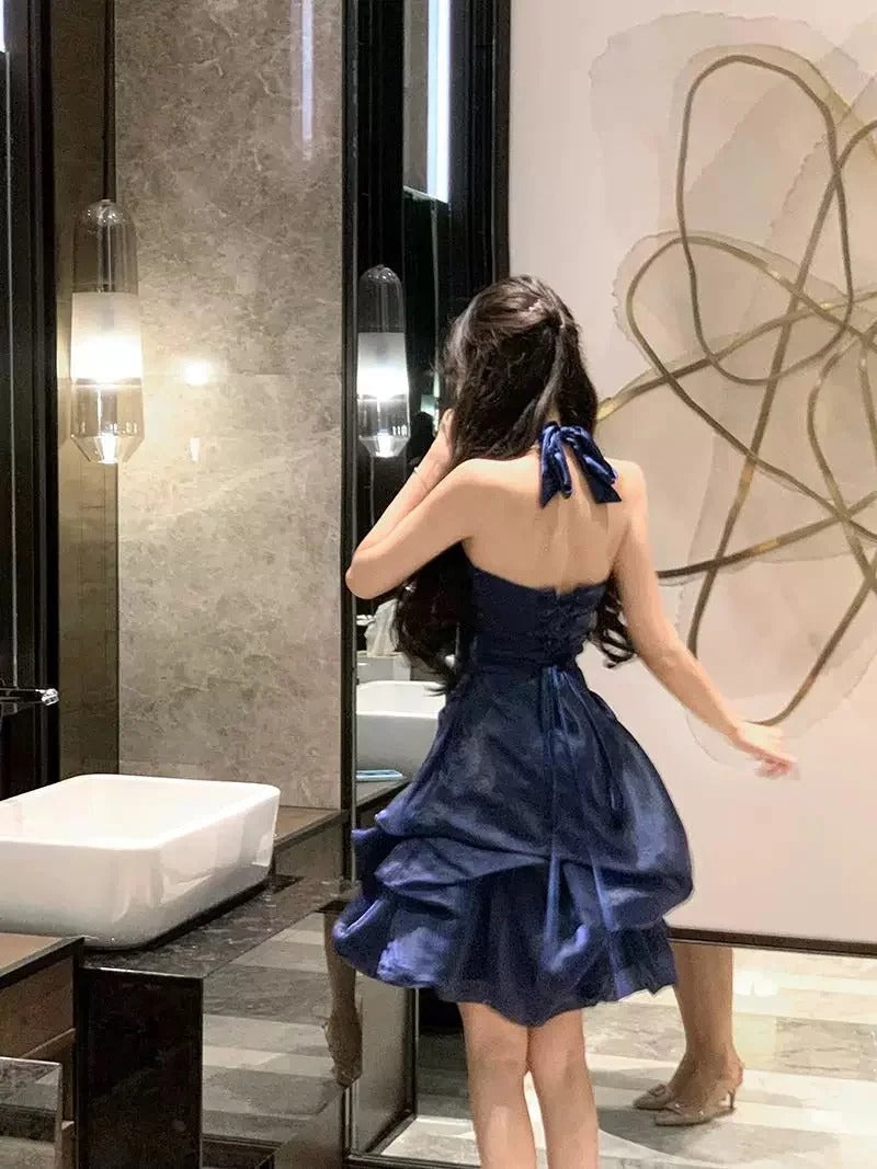 Jolie Robe de Bal Courte Halter Bleu Marine pour Remise de Diplôme Mini Robes de Rentrée Hoco Robe N2726