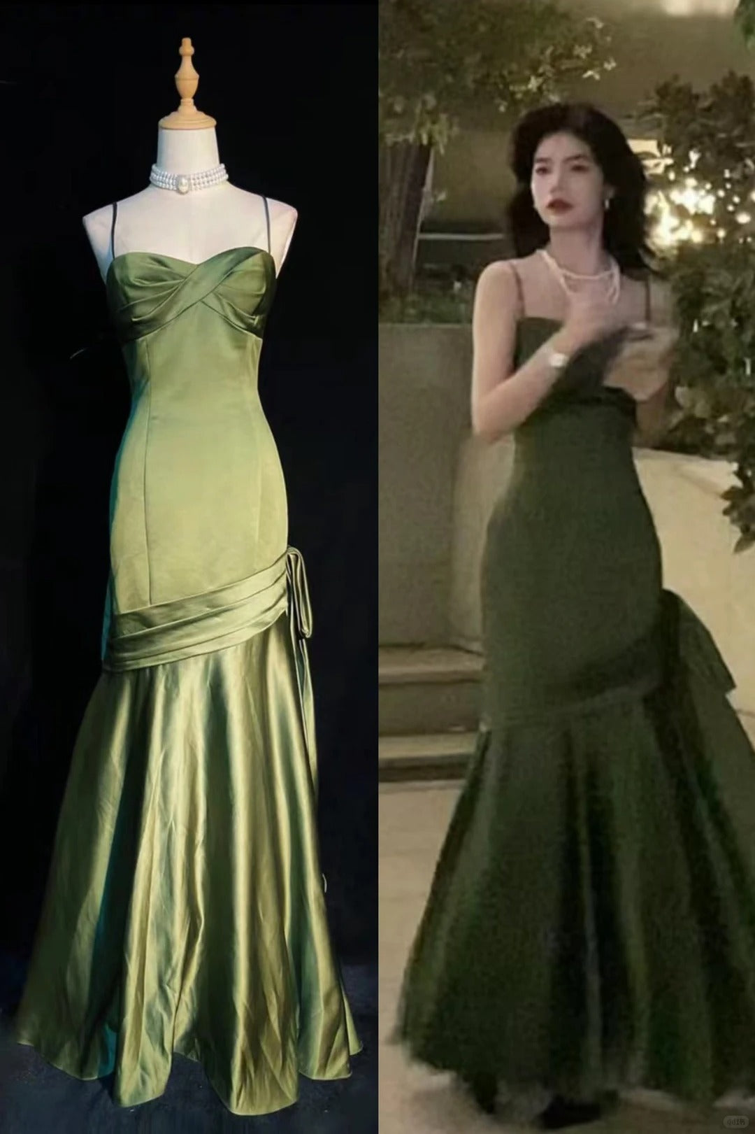 Superbe Robe de Soirée Chic Sirène Bretelles Fines en Satin Vert Foncé Plissé Longue Robe de Bal N2823