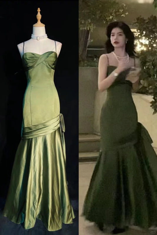 Stunning Chic Mermaid Spaghetti Strap Dark Green Satin With Pleated Formal Dress Long Prom Dresses N2823