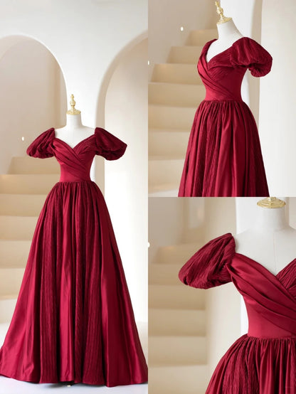 Stilvolles, bordeauxrotes A-Linien-Abendkleid mit V-Ausschnitt und Ärmeln – Inspiration für formelle Party- und Abschlussballkleider (Modell N197)