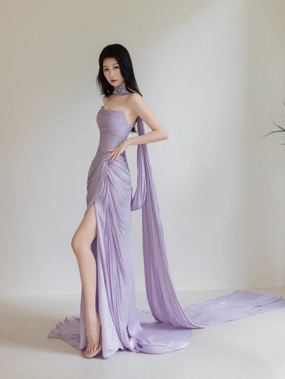 Robe de soirée longue sirène lilas fendue, sans bretelles, N277
