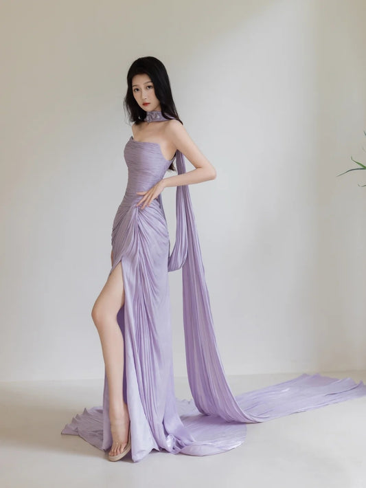 Robe de soirée longue sirène lilas fendue, sans bretelles, N277