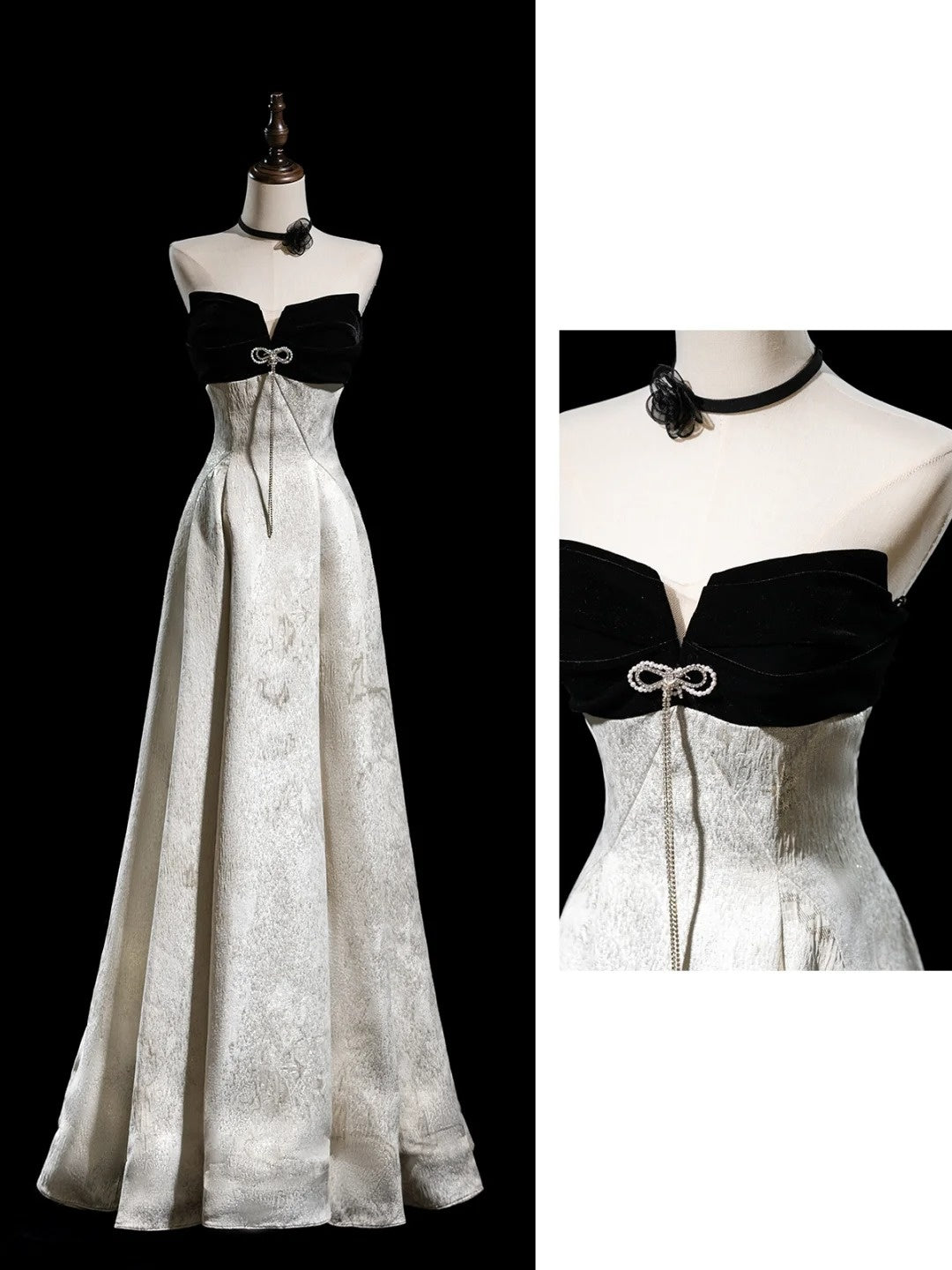Elegantes, trägerloses, langes Abendkleid aus Satin mit A-Linien-Muster und Blumenmuster, bodenlang, formelles Abendkleid N274