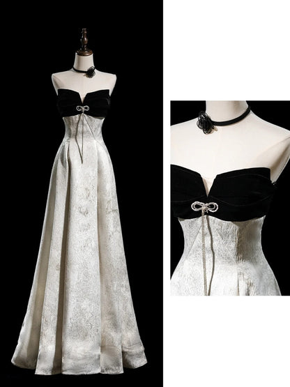 Elegantes, trägerloses, langes Abendkleid aus Satin mit A-Linien-Muster und Blumenmuster, bodenlang, formelles Abendkleid N274