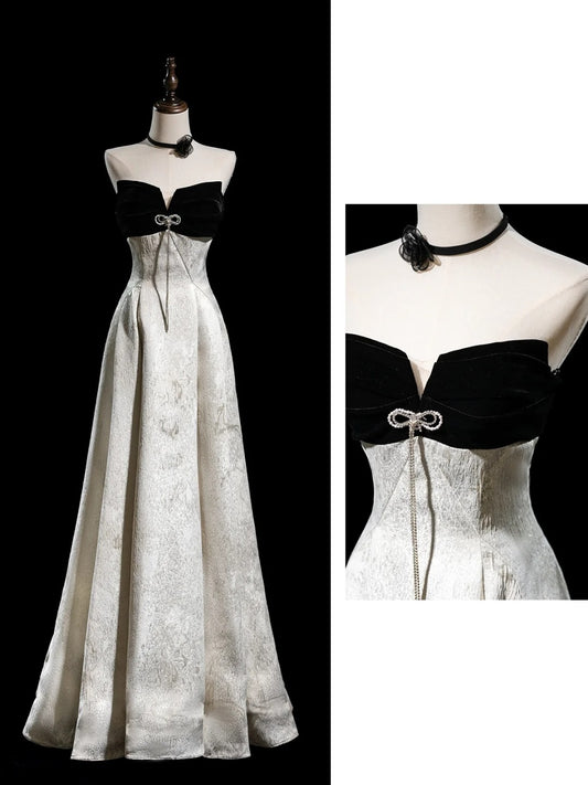 Robe de soirée longue en satin fleuri, coupe trapèze, sans bretelles, style modeste, référence N274