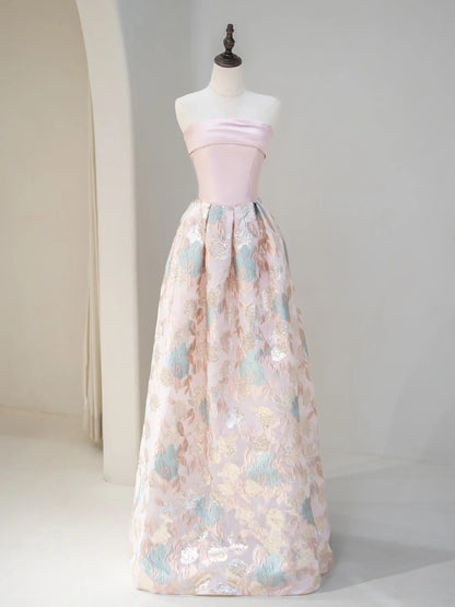 Robe de bal élégante sans bretelles en satin rose à fleurs, robe de soirée longue, tenue pour un 18e anniversaire, robe de remise de diplôme RB1037