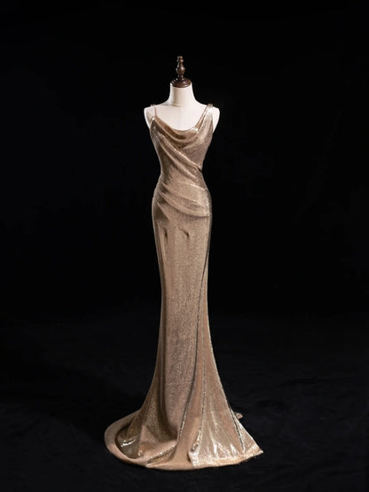 Glitter Mermaid Asymmetrical Neck Sequin Long Prom Dresses Champagne Formal Gowns Inspo Evening Outfit N228