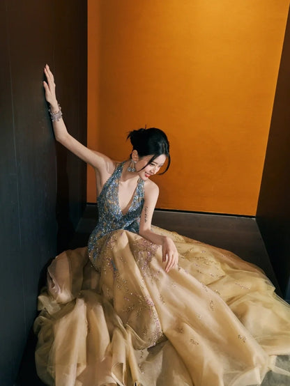 Robe de bal dos nu en tulle champagne, robe de soirée longue N271