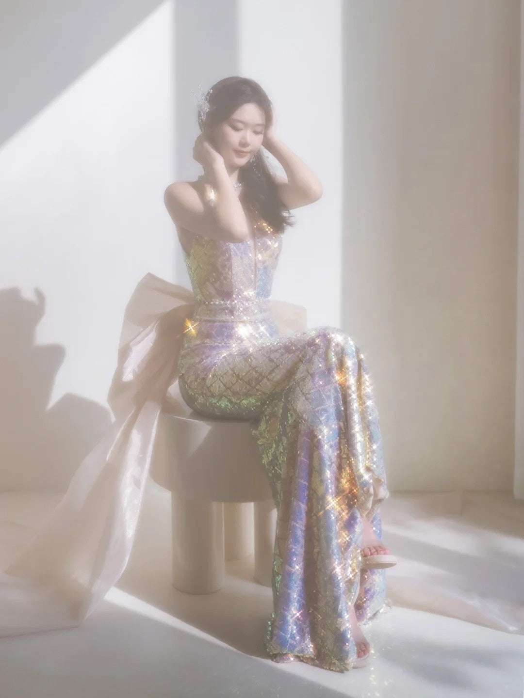 Simple Mermaid Scoop Sequin Long Prom Dresses With Bow Formal Gowns Inspo Evening Outfit N227