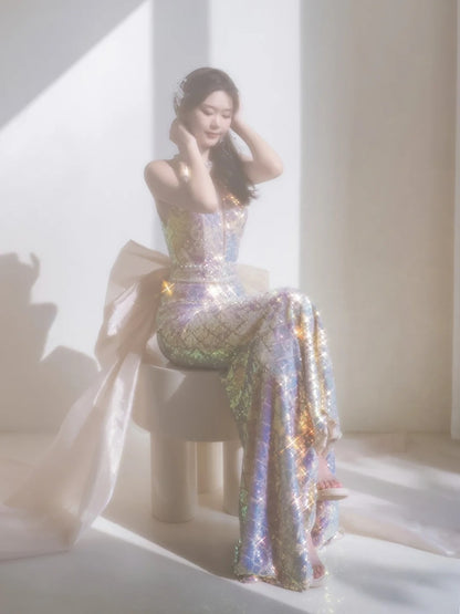Simple Mermaid Scoop Sequin Long Prom Dresses With Bow Formal Gowns Inspo Evening Outfit N227