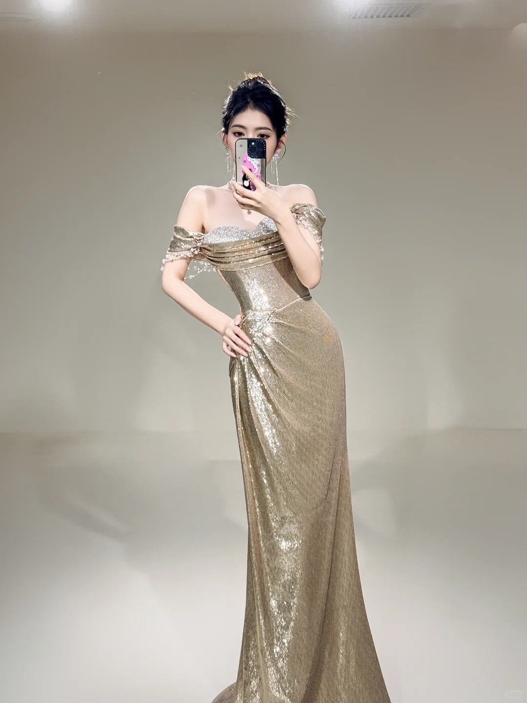 Glitter Mermaid Off The Shoulder Sequin Long Prom Dresses Champagne Formal Gowns Inspo Evening Outfit N234