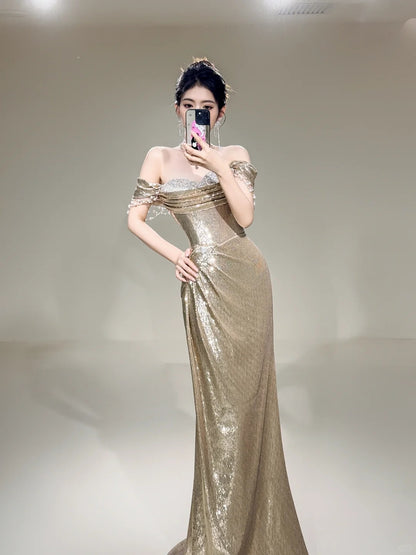 Glitter Mermaid Off The Shoulder Sequin Long Prom Dresses Champagne Formal Gowns Inspo Evening Outfit N234