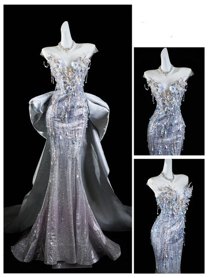Robe de mariée sirène classique, décolleté cœur, sequins gris argentés et cristaux, robe de mariée N299