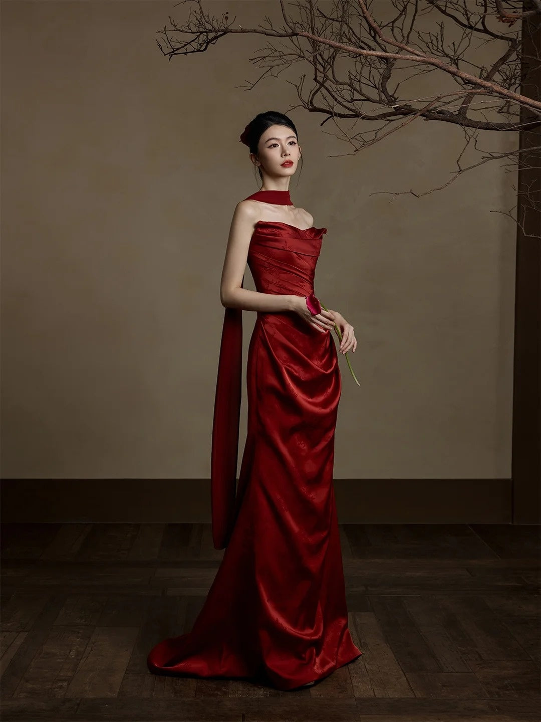 Simple Mermaid Sweetheart With Scarf Burgundy Satin Long Prom Dresses Formal Gowns Inspo Evening Outfit N230