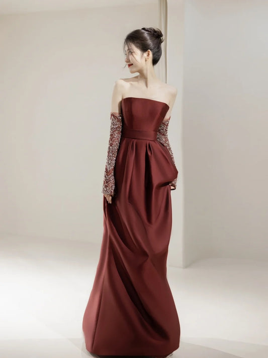 Modest Mermaid Strapless Satin With Gloves For Women Party Dress Long Formal Prom Dresses 22th Birthday Outfits N297
