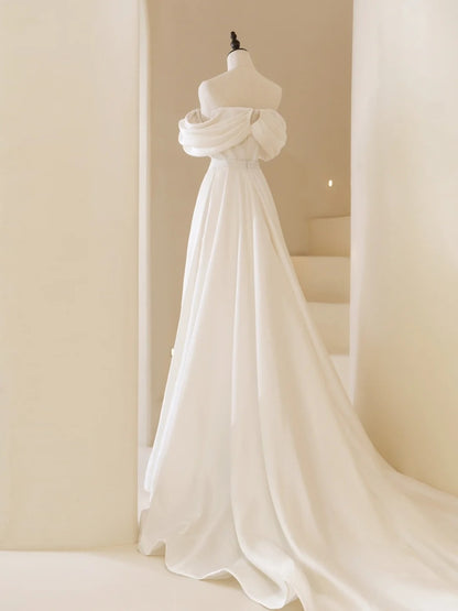 Robe de mariée sirène classique en satin blanc à épaules dénudées et manches courtes, robe de mariée longue N234