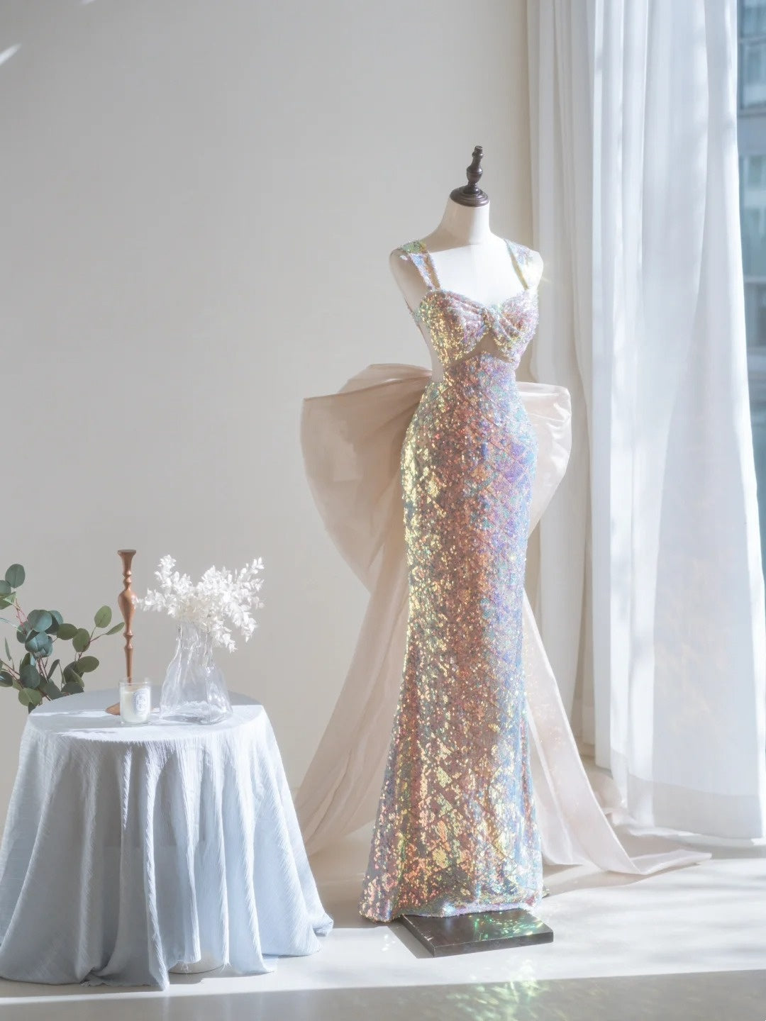 Robe de bal longue à paillettes et col carré, style sirène scintillant, sans manches, robe de soirée A022