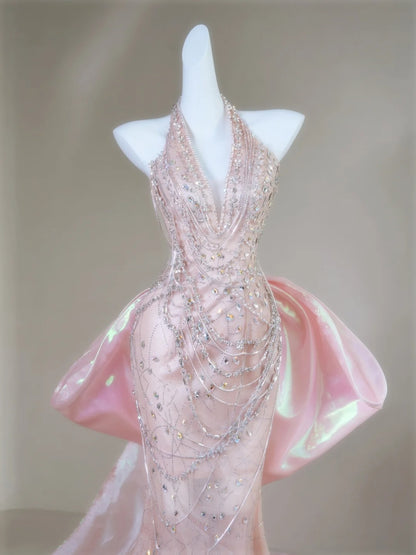 Robe de bal longue sirène chic à sequins roses, dos nu, pour adolescentes et jeunes filles, idéale pour un 20e anniversaire (N135)