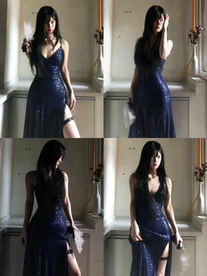 Robe de bal longue sirène bleu marine sexy à col en V et lacets, avec fente, AB1826