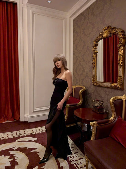 Robe de bal longue noire en satin, bustier, sirène simple, à volants, inspiration robe semi-formelle N697