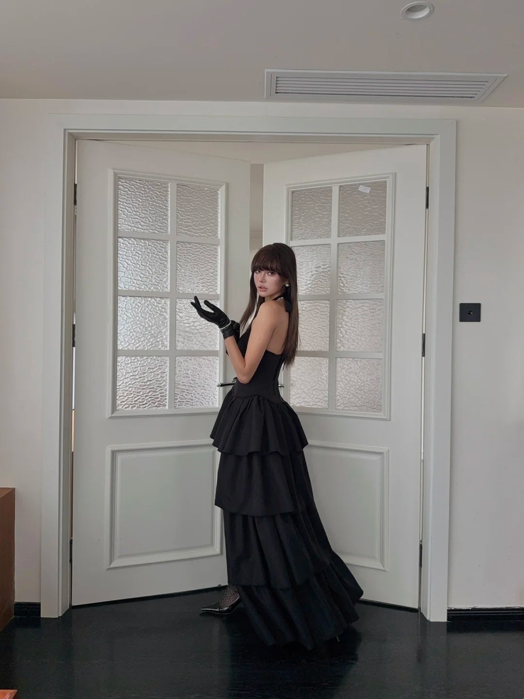 Chic High Low Halter Black Tie Wedding Guest Dress Satin Ruffles Long Prom Dresses Night Semi Formal Gown N698