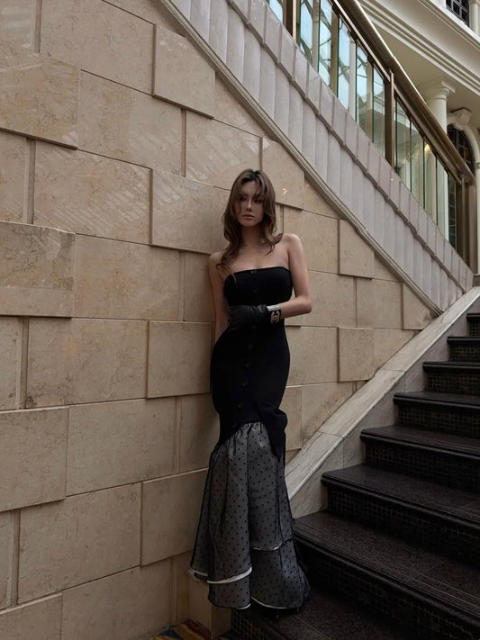 Vintage Mermaid Strapless Black Polka Dots Wedding Guest Dress Satin Long Prom Dresses Semi Formal Gown N695
