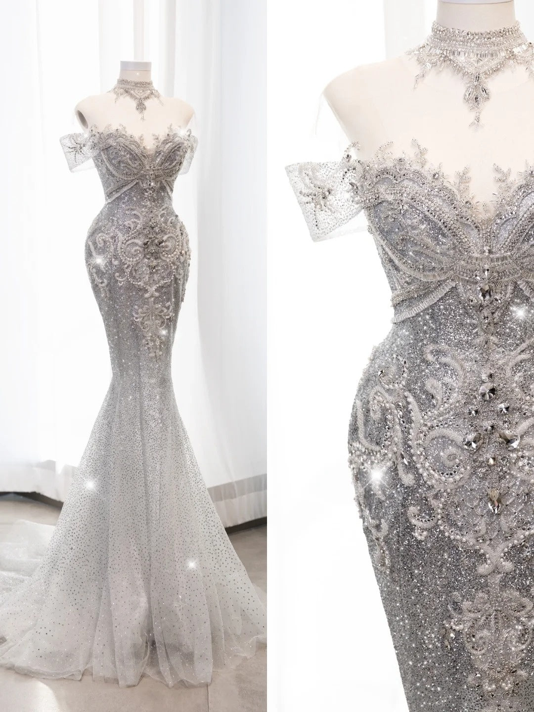 Robe de mariée sirène style conte de fées, épaules dénudées, sequins blancs et corsage perlé, coupe ajustée, référence N673