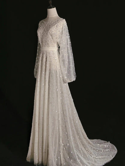 Robe de mariée classique trapèze à col rond et sequins blancs à manches longues - N243