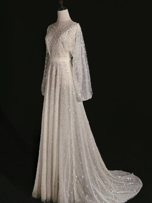 Classic A line Wedding Dresses Scoop Neck Sequin White With Long Sleeves Brides Dress Sequin Bridal Gowns N243