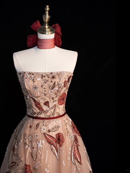 Robe de bal sobre sans bretelles en tulle champagne à fleurs, longue, pour femmes et jeunes filles, N654