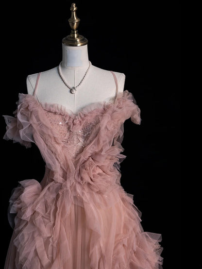 Robe de bal longue rose en tulle à fines bretelles - Inspiration robes de soirée - Robe de bal formelle N1214