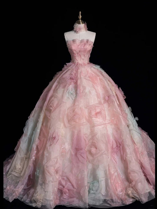 Modest Ball Gown Strapless Pink Floral Tulle Prom Dresses Inspiration Party Gowns Princess Formal Dress N755