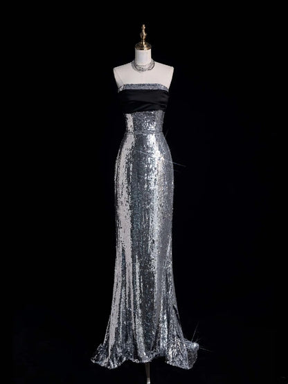 Funkelndes, trägerloses, graues Pailletten-Abendkleid im Meerjungfrauenstil, ärmellos, lang, für Damen und Mädchen, N666
