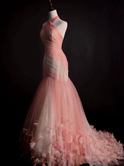 Elegantes Meerjungfrauen-Halterkleid aus rosa Tüll, langes Ballkleid, Abschlusskleid N1229